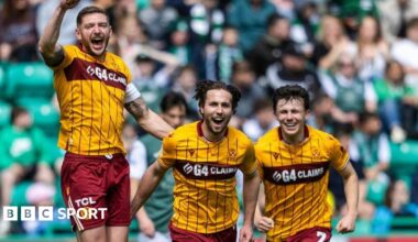 Motherwell's Lukas Fadinger (L) celebrates with Stephen Welsh (R) after scoring to make it 1-0 during a William Hill Premiership match between Hibernian and Motherwell at Easter Road, on May 16, 2026, in Edinburgh, Scotland