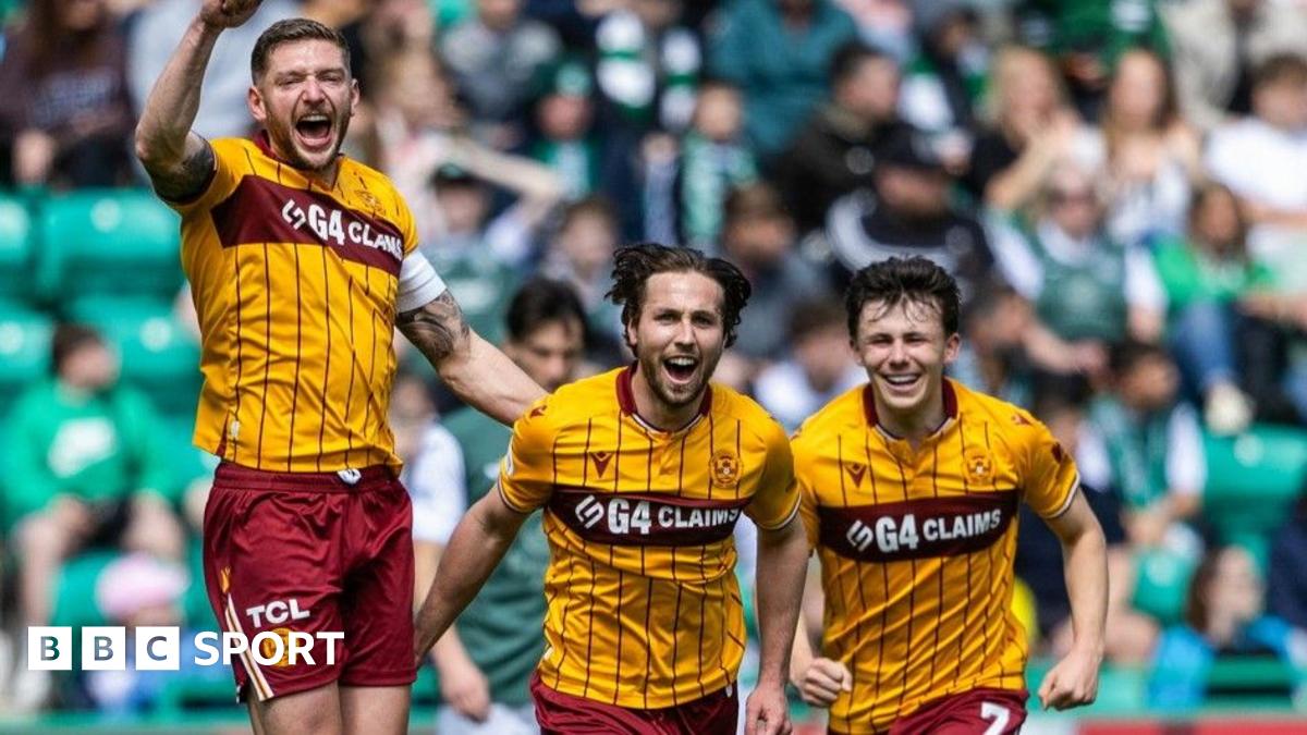 Motherwell's Lukas Fadinger (L) celebrates with Stephen Welsh (R) after scoring to make it 1-0 during a William Hill Premiership match between Hibernian and Motherwell at Easter Road, on May 16, 2026, in Edinburgh, Scotland
