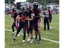 Myers Riders defensive back Jack Gilmour (No. 35) celebrates an interception against the Cornwall Wildcats in Ontario Summer Football League play on Saturday, June 21, 2025, in Cornwall, Ont. Cornwall lost 7-3. 