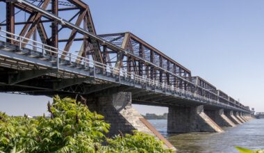 The Victoria Bridge as seen from the shore.