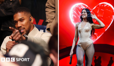 Split image of Anthony Joshua pointing and Dua Lipa peforming