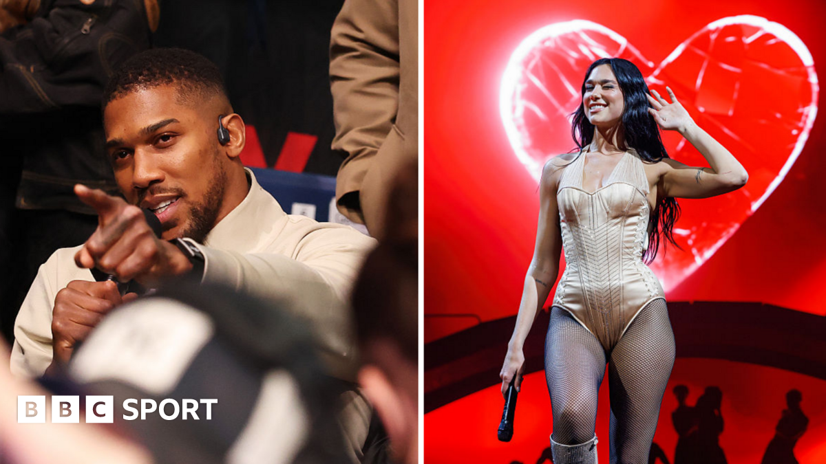 Split image of Anthony Joshua pointing and Dua Lipa peforming