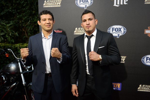Coaches Gilbert Melendez and Anthony "Showtime" Pettis during the Red Carpet Premiere Party for Fox Sports 1's Ultimate Fighter at LURE nightclub in Hollywood September 9, 2014. The Ultimate Fighter: Team Pettis vs. Team Melendez is the 20th edition of the series. The top women in the strawweight class will square off to be the first champion in the newly formed division. (Photo by Hans Gutknecht/Los Angeles Daily News)