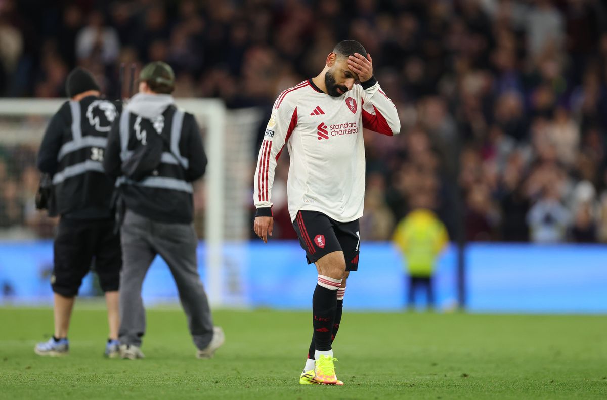 Mohamed Salah of Liverpool reacts after the Premier League match between Aston Villa and Liverpool at Villa Park on May 15, 2026 in Birmingham, England