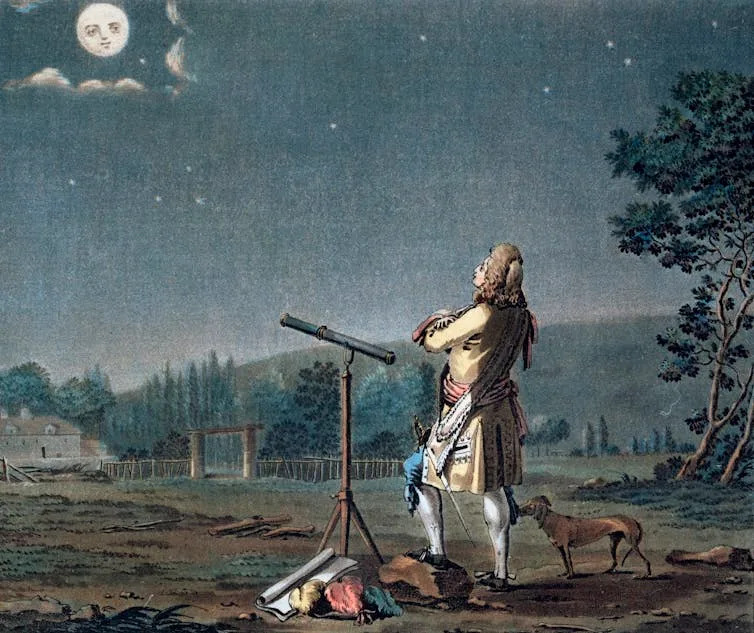 Painting of18th C man in fancy dress standing by telescope and looking up at Moon in sky