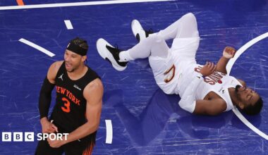 New York Knicks player Josh Hart celebrates during his side's win against the Cleveland Cavaliers