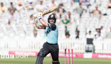 Sam Curran drives on the off side in Surrey's six wicket win over Middlesex