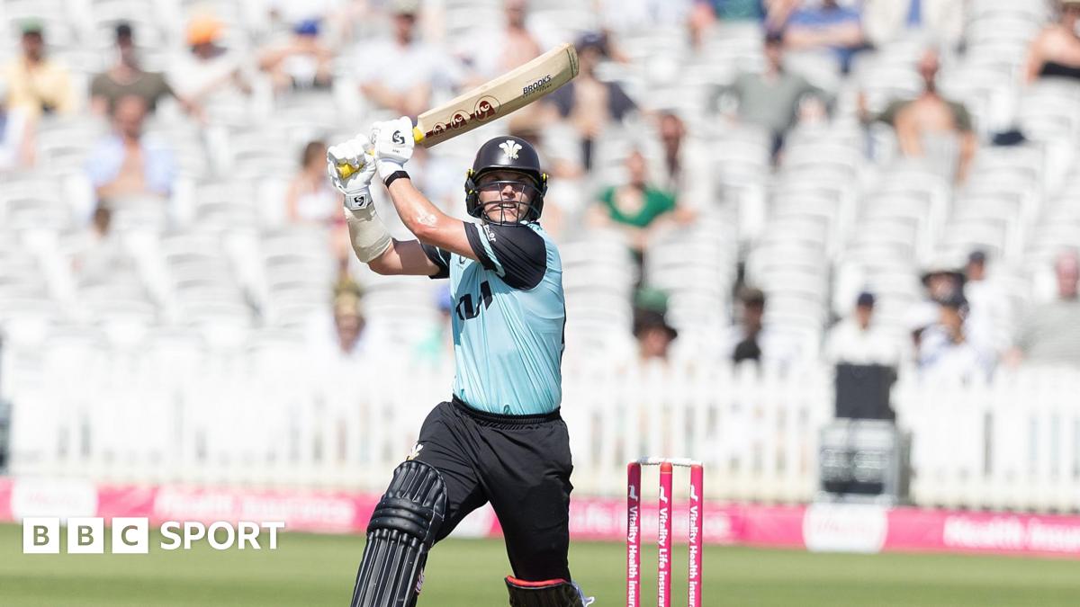 Sam Curran drives on the off side in Surrey's six wicket win over Middlesex