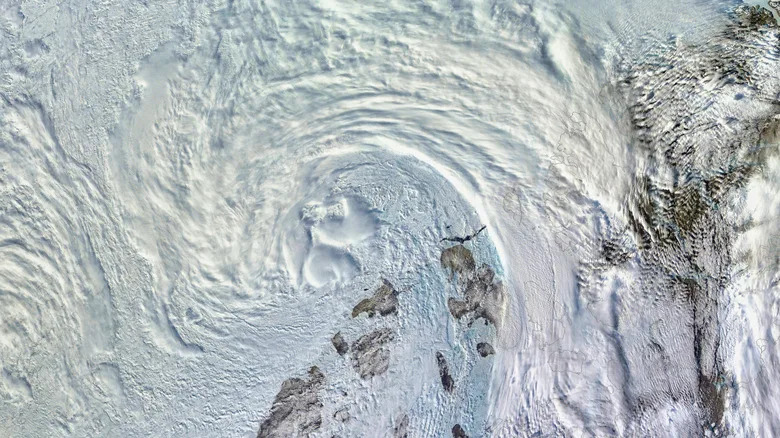 A cyclone in the arctic ocean visible from satellite imagery.