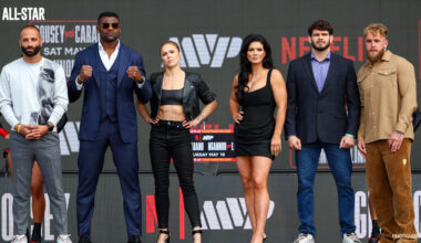 Ronda Rousey, Gina Carano, Francis Ngannou, Jake Paul, and other fighters pose during the MVP MMA 1 promotional event ahead of the Netflix card.