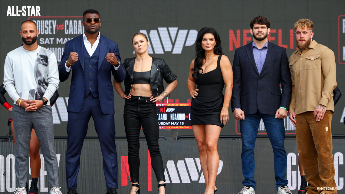 Ronda Rousey, Gina Carano, Francis Ngannou, Jake Paul, and other fighters pose during the MVP MMA 1 promotional event ahead of the Netflix card.