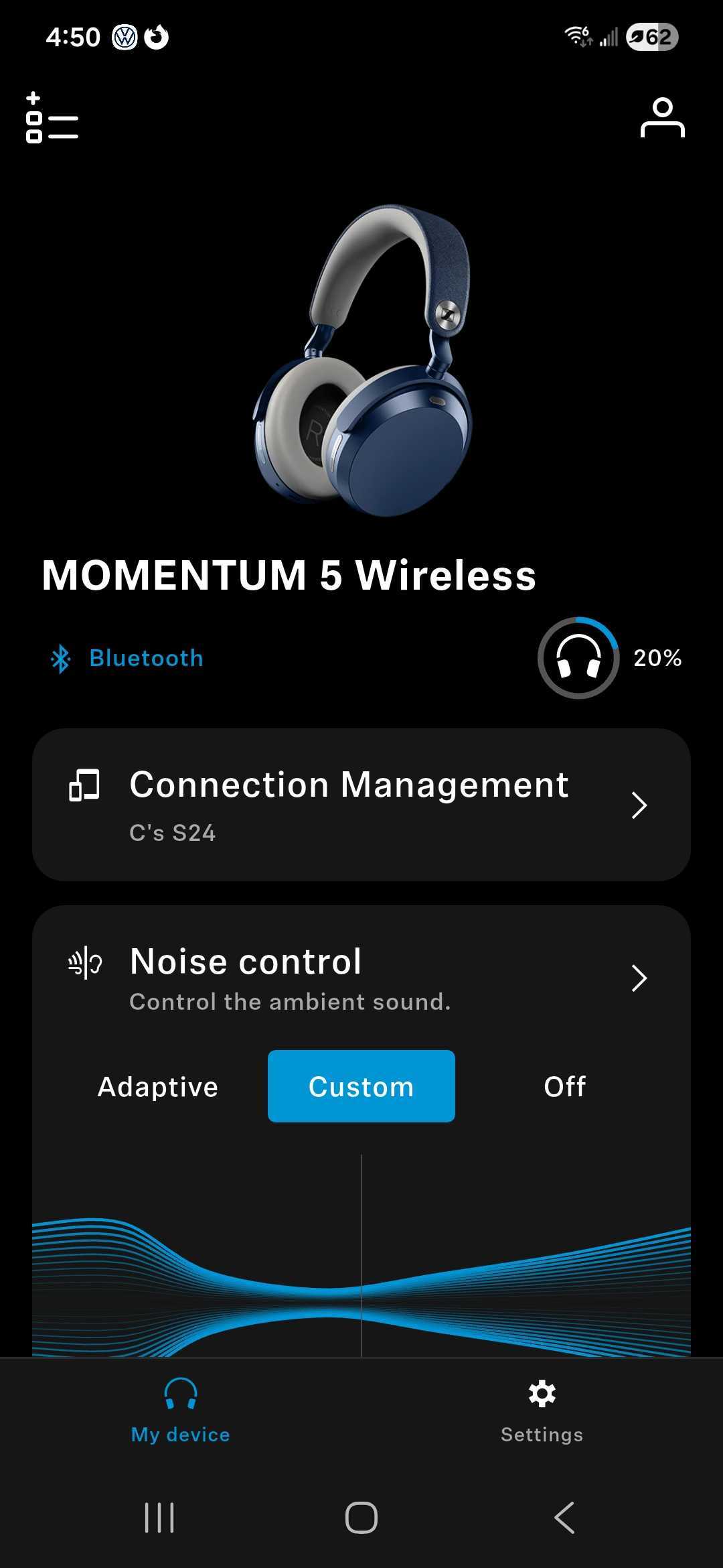Screenshot of the Sennheiser Smart Control app home screen displaying blue MOMENTUM 5 Wireless headphones with 20% battery remaining. The screen includes connection management and noise control options with adaptive, custom, and off modes.