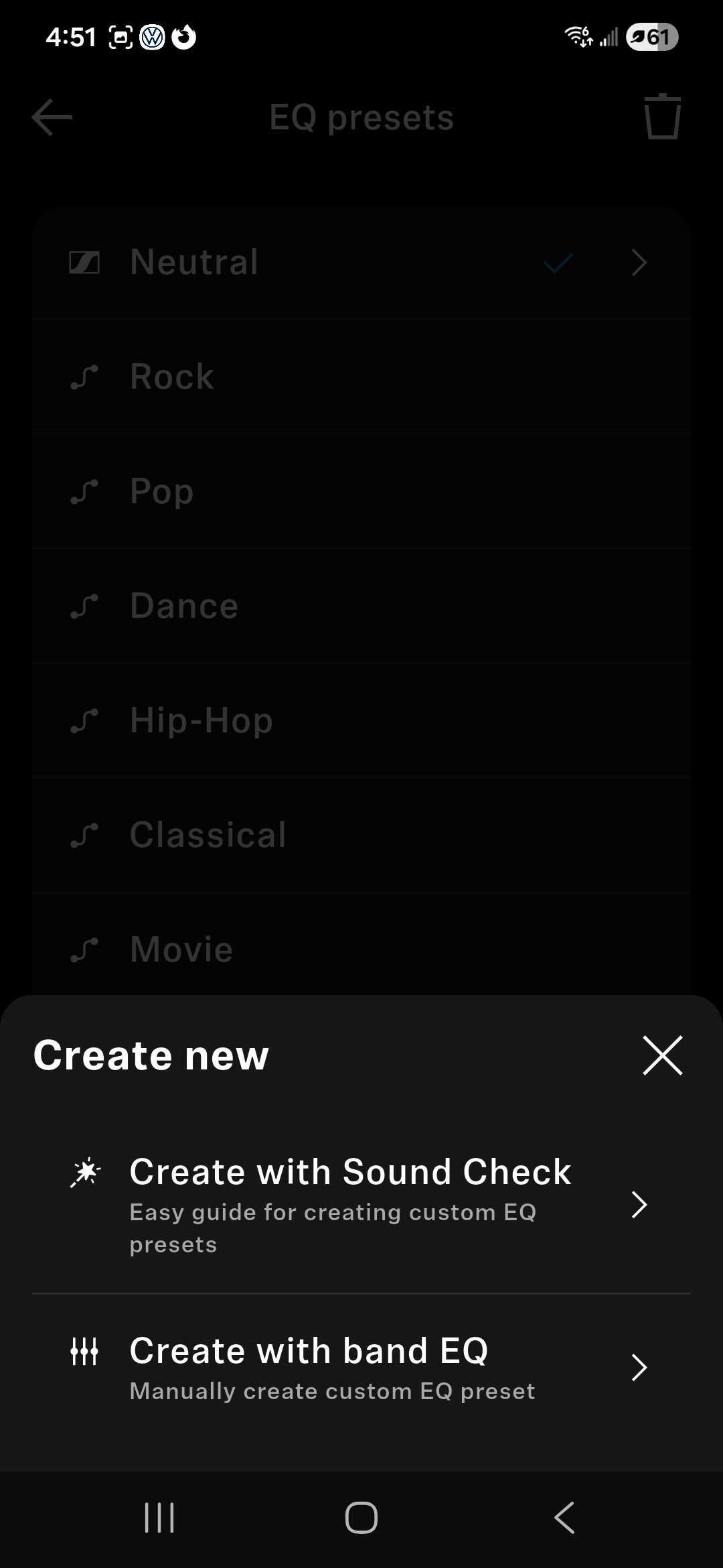 Screenshot of the Sennheiser Smart Control EQ presets menu showing preset options including Neutral, Rock, Pop, Dance, Hip-Hop, Classical, and Movie. A pop-up menu offers options to create a custom EQ using Sound Check or a manual band EQ.