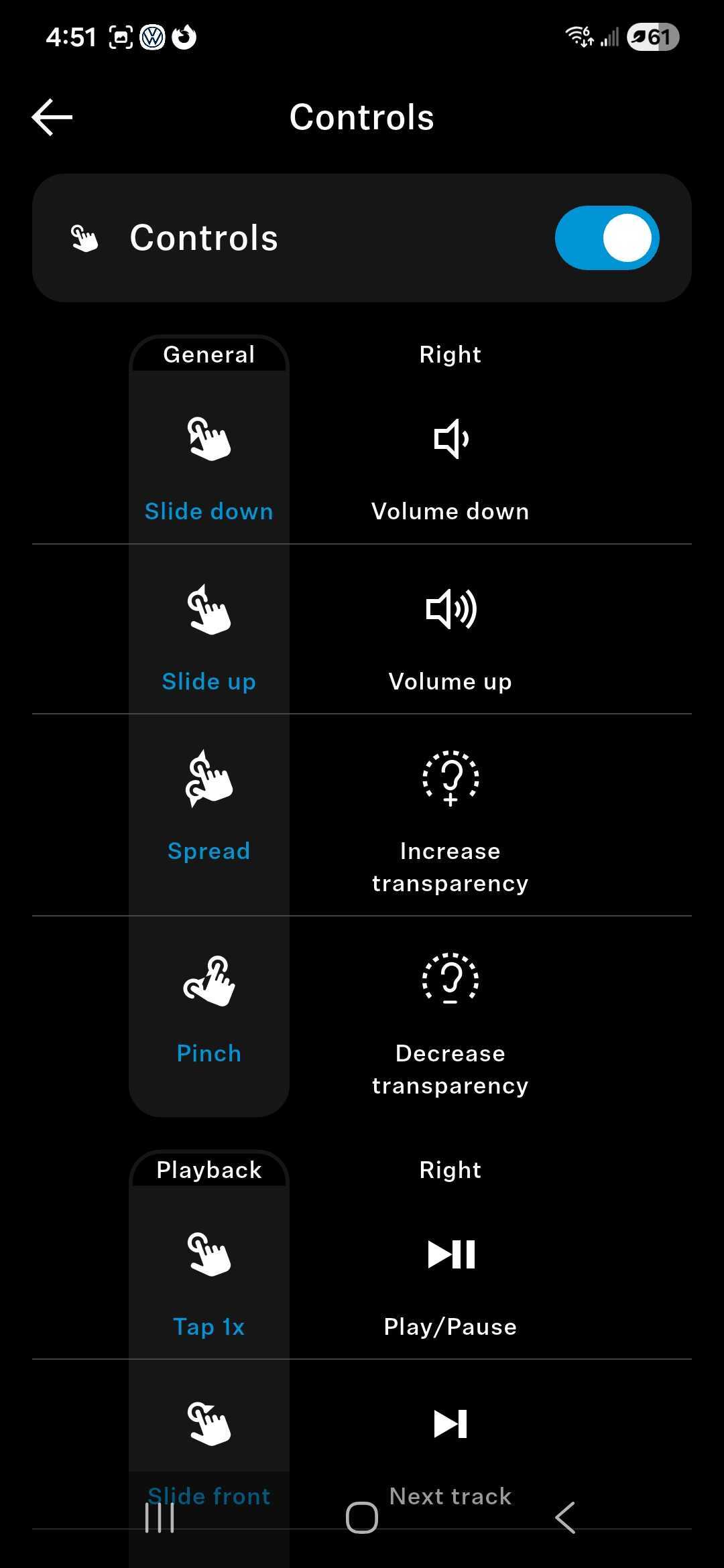 Screenshot of the Sennheiser Smart Control app showing gesture controls for the MOMENTUM 5 Wireless headphones. Swipe down lowers volume, swipe up raises volume, spread gesture increases transparency mode, pinch decreases transparency, tap once plays or pauses audio, and slide front skips tracks.