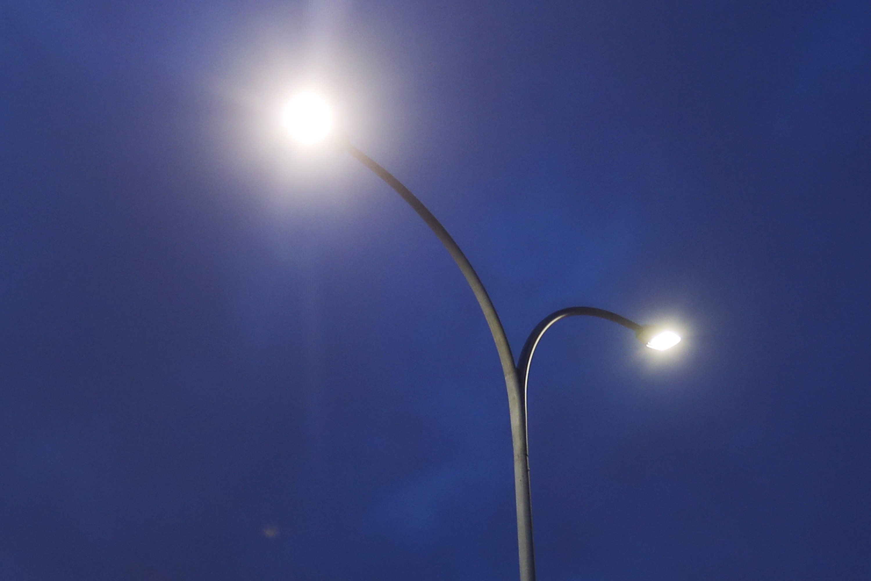 A street light at night.