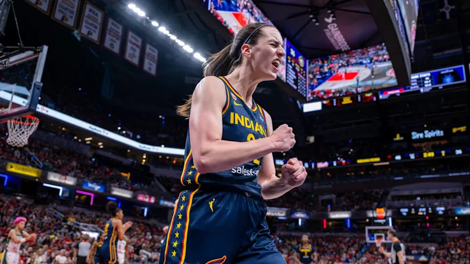 Indiana Fever guard Caitlin Clark reacts after getting fouled during game versus Seattle StormDoug McSchooler/Special to IndyStar / USA TODAY NETWORK via Imagn Images