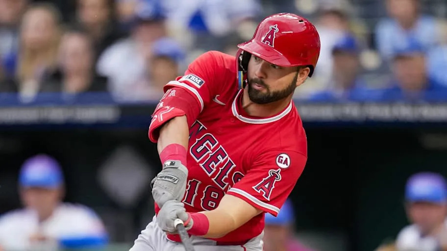 Nolan Schanuel (18) bats during the first inning against the Kansas City Royals at Kauffman Stadium.