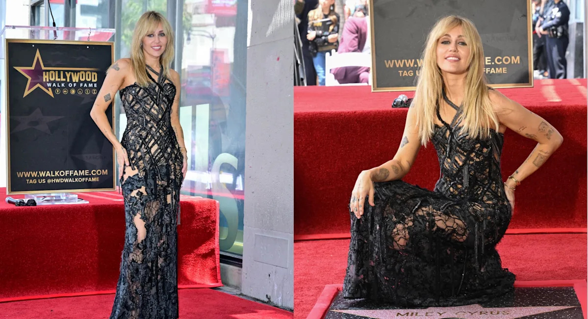 Miley Cyrus Channels Dark Romance in a Netted Versace Gown at her Hollywood Walk of Fame Ceremony