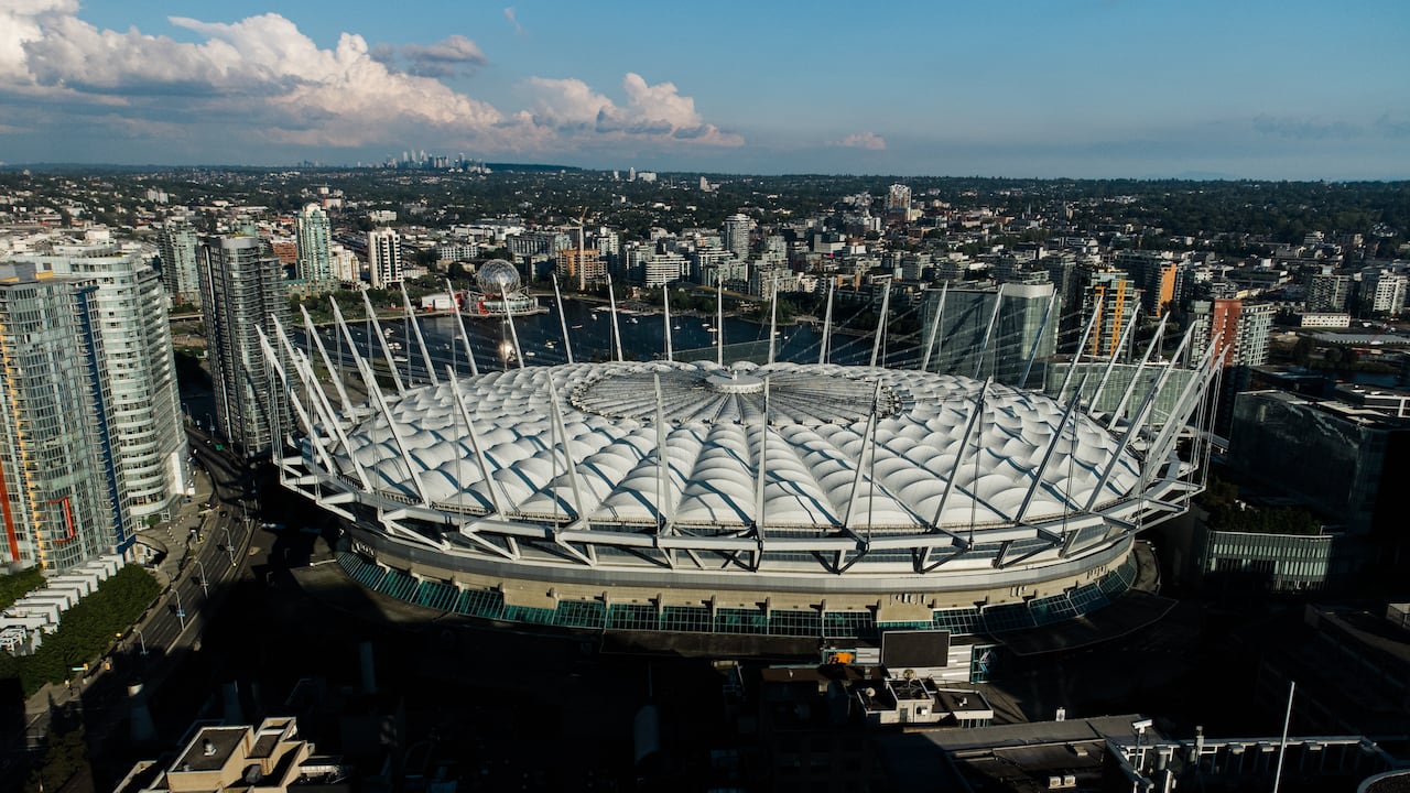 A large closed-roof stadium is seen on a partly cloudy day.