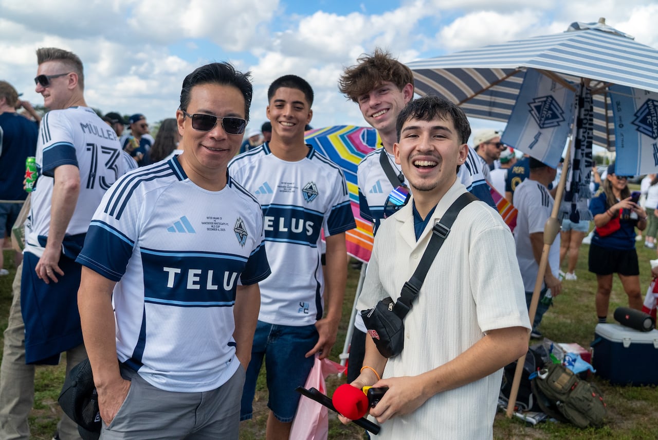 Vancouver Mayor Ken Sim takes in the Vancouver Whitecaps tailgate party in Fort Lauderdale, Florida before the MLS Final, a week before his press conference with the team announcing a memorandum of understanding for a new stadium.