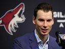 General Manager John Chayka of the Arizona Coyotes speaks during a press conference to introduce Taylor Hall (not pictured) at Gila River Arena on Dec. 18, 2019 in Glendale, Ariz.
