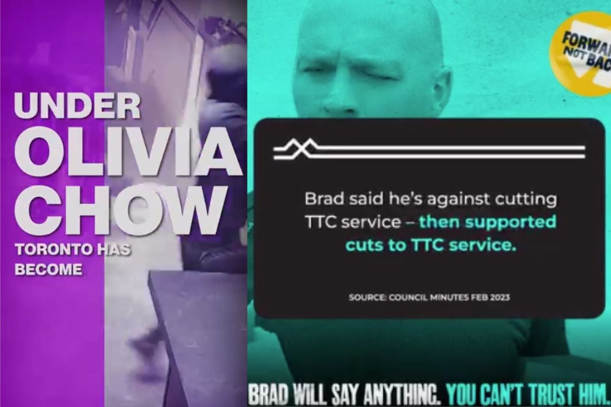 A collage shows two facebook ads side-by-side, one against Mayor Olivia Chow and one against Coun. Brad Bradford.