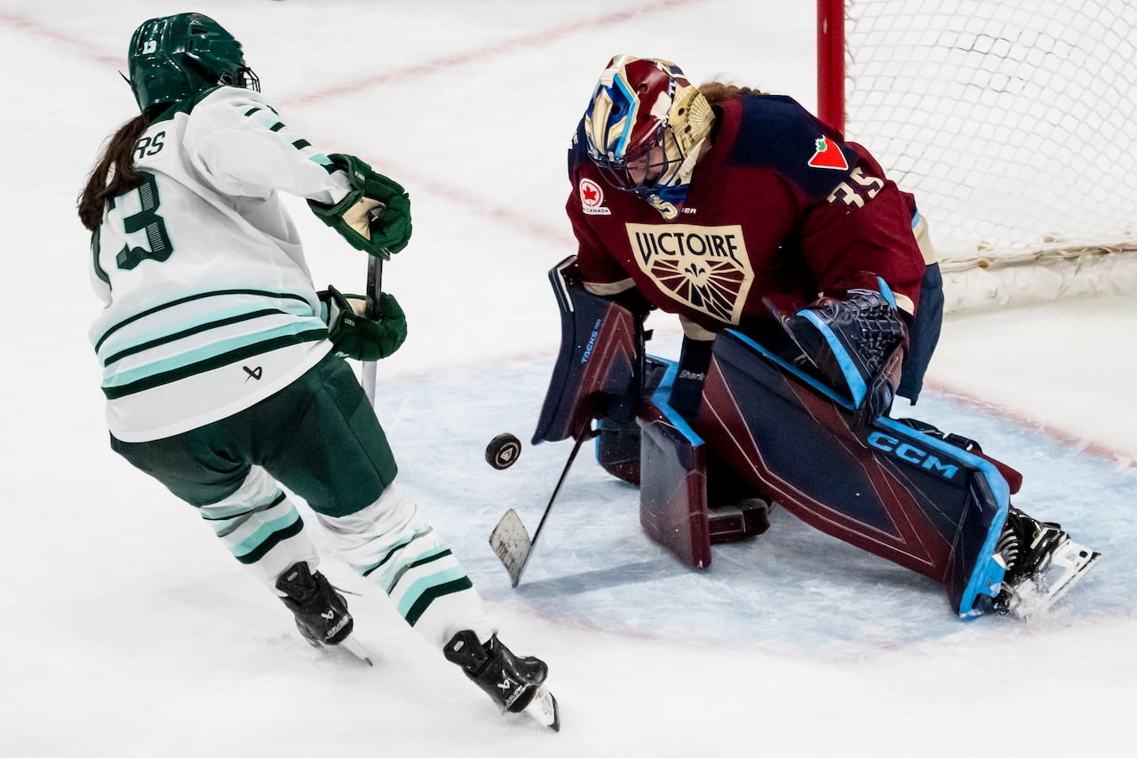 A goaltender makes a save during a game.