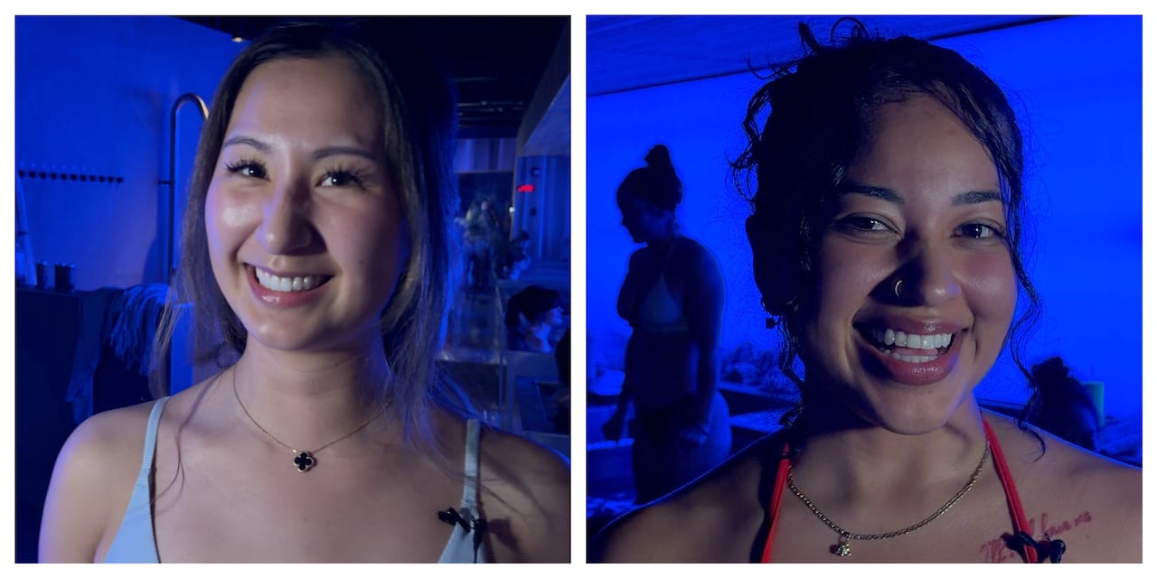 Two people are seen in bathing suits at a sauna event.
