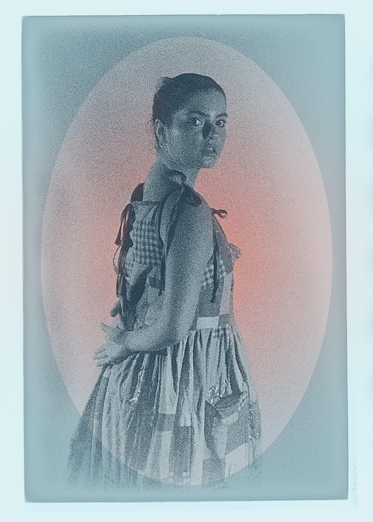 A film portrait of a person wearing a dress.