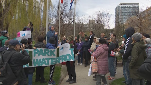 Bathurst Quay residents, politician gather at Little Norway Park to oppose Billy Bishop airport expansion