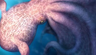 A close-up view of a colorful octopus illuminated by underwater light.