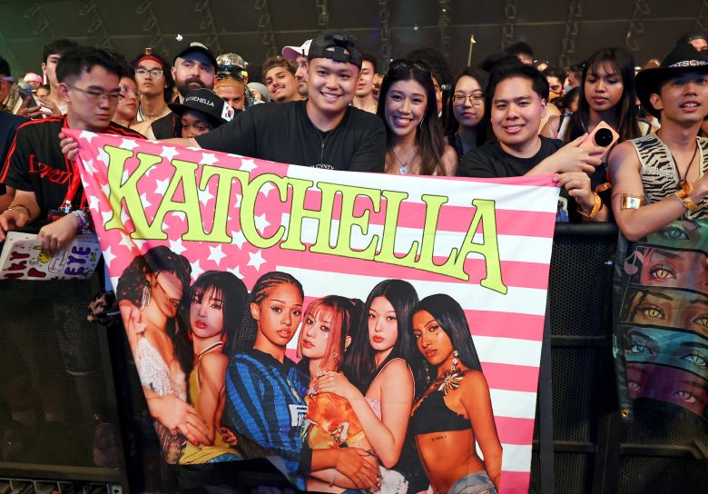 Festivalgoers at Coachella Stage in Indio, California cheering on Katseye. (Photo by Kevin Mazur/Getty Images for Coachella)