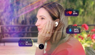 A person is wearing earbuds, a ring and a watch, all of which are smart devices. The earbuds report the wearer's heart rate, the ring reports blood oxygen percentage and the watch reports respiratory rate.