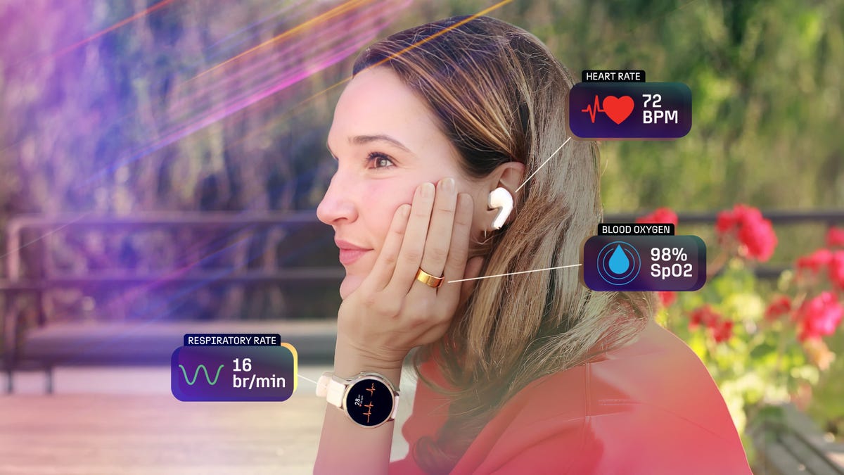 A person is wearing earbuds, a ring and a watch, all of which are smart devices. The earbuds report the wearer's heart rate, the ring reports blood oxygen percentage and the watch reports respiratory rate.