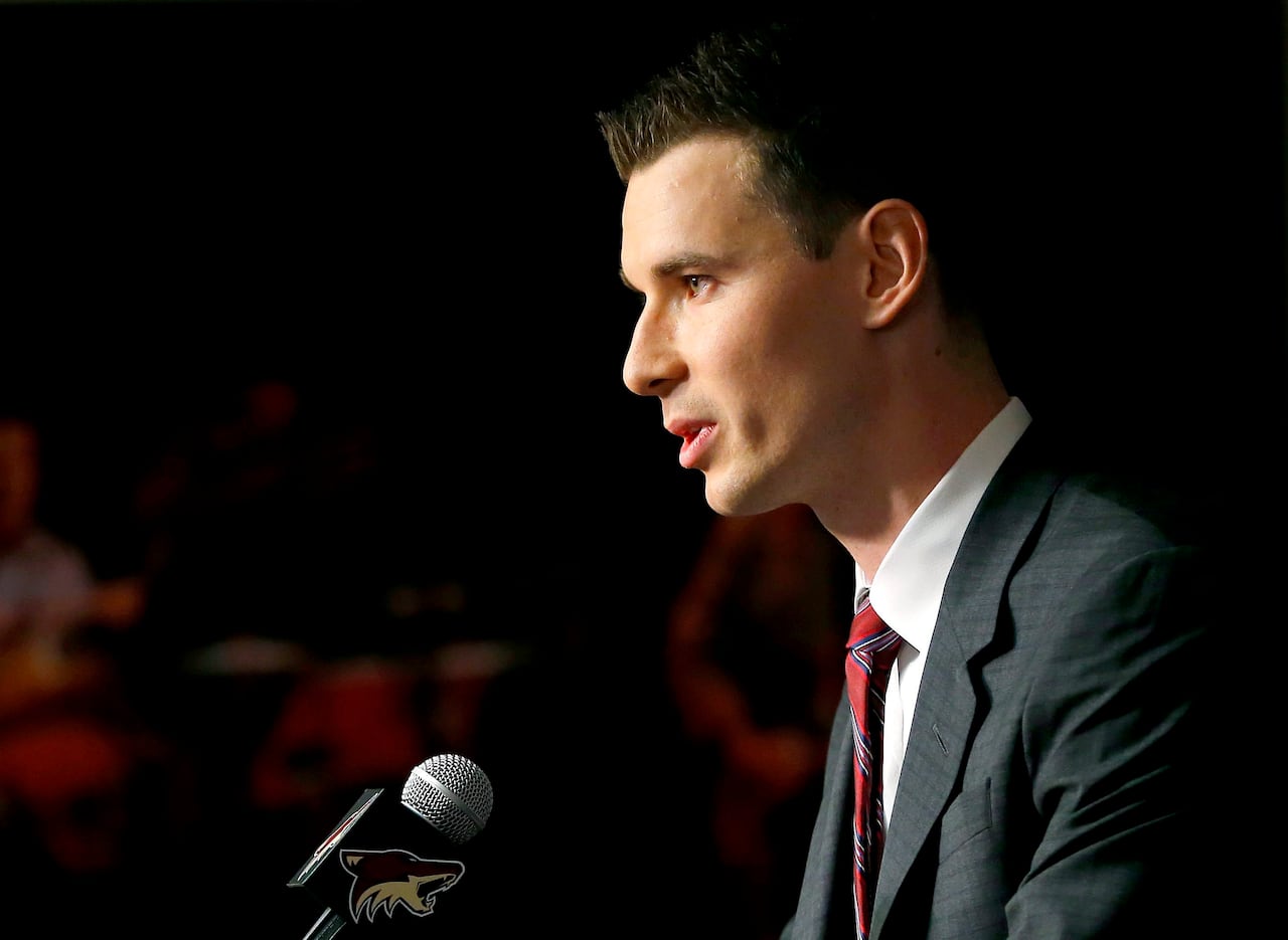 John Chayka speaks to the media after being named Arizona Coyotes general manager in Glendale, Ariz., on Thursday, May 5, 2016.