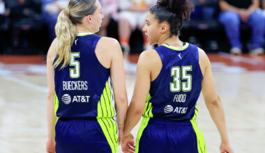 AUSTIN, TX - MAY 03: Dallas Wings guard Paige Bueckers #5 talks with Dallas Wings guard Azzi Fudd #35 against the Las Vegas Aces during the game on May 03, 2026.