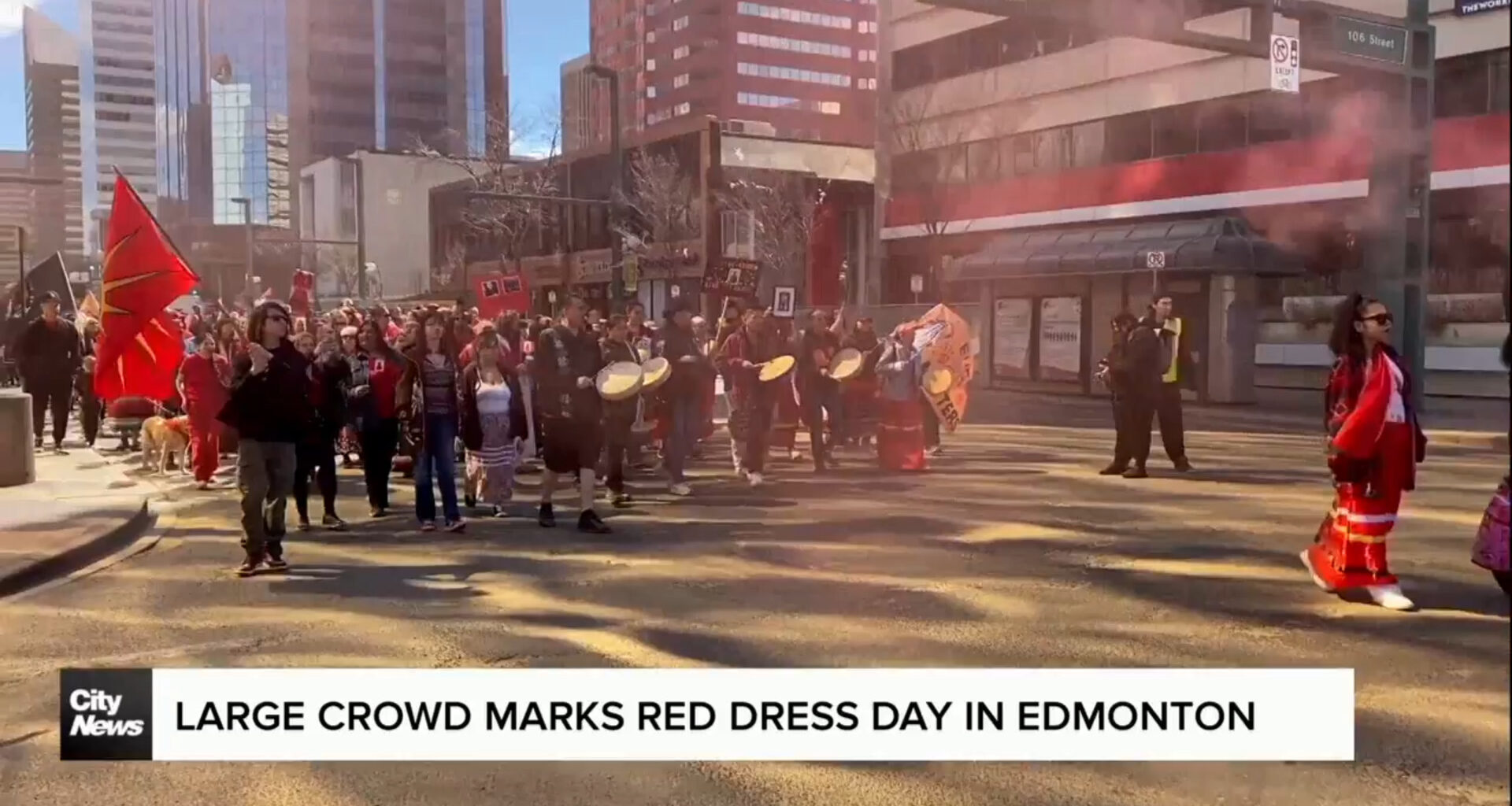 Large crowd marks red dress day in downtown Edmonton
