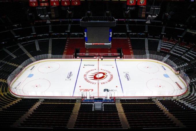 The Ottawa Charge logo has taken over centre ice at the CTC, in addition to PWHL playoff logos just outside both blue lines.
