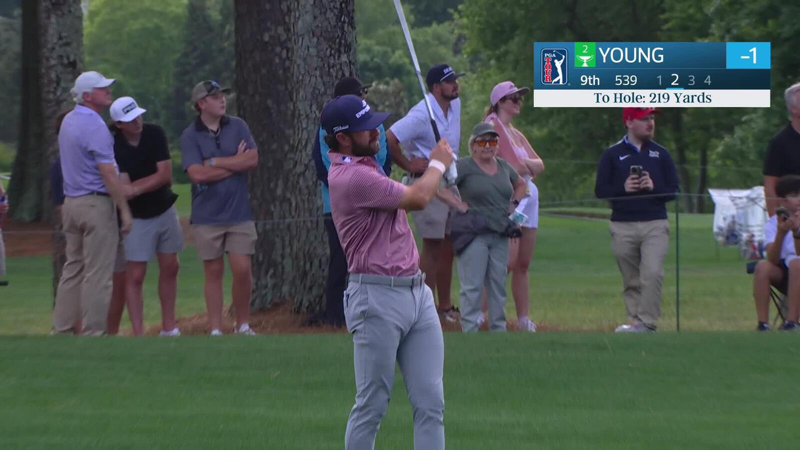 Cameron Young holes 18-foot shot from rough for birdie on No. 9 at Truist Championship