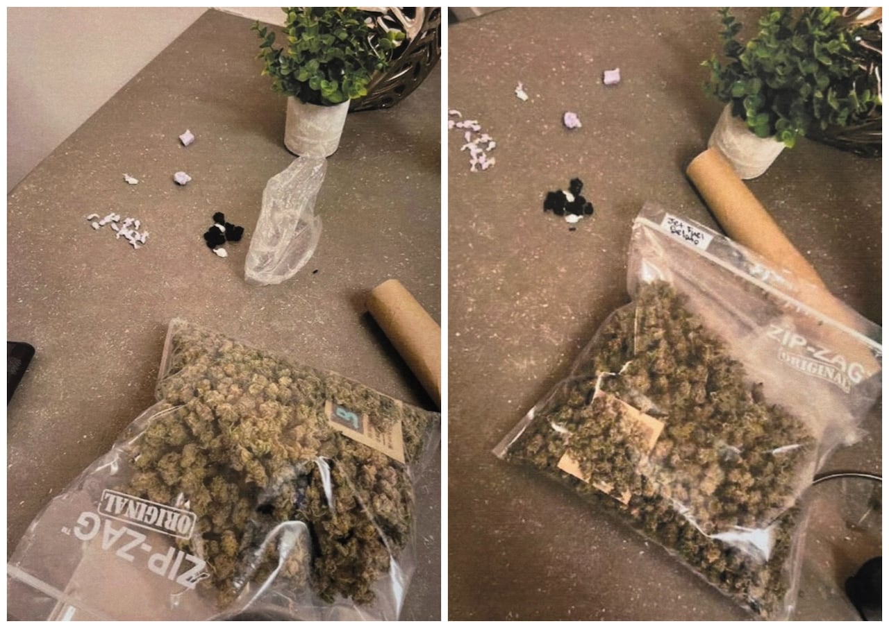 Two photos of a bag of cannabis placed at different angles.
