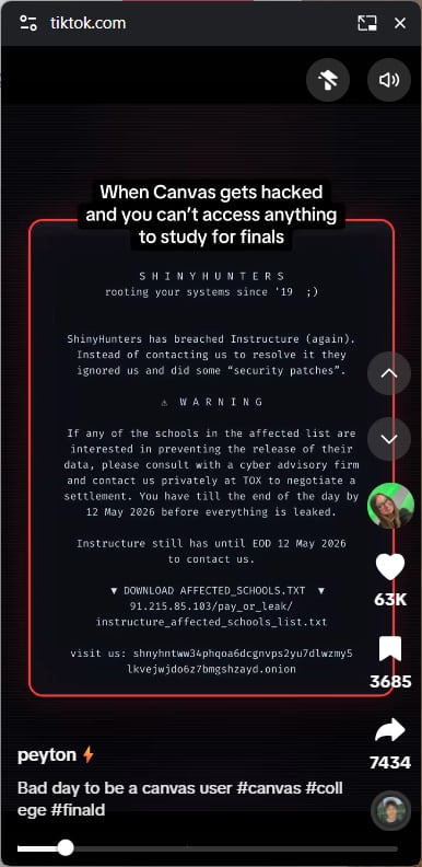 A Tiktok post on black background includes the note: 'When Canvas gets hacked and you can't access anything to study for finals'