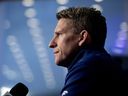 Head Coach Kris Knoblauch speaks to the media in the Edmonton Oilers Hall of Fame Room, after the team was eliminated in the first round of the NHL Stanley Cup playoffs, in Edmonton Saturday May 2, 2026.