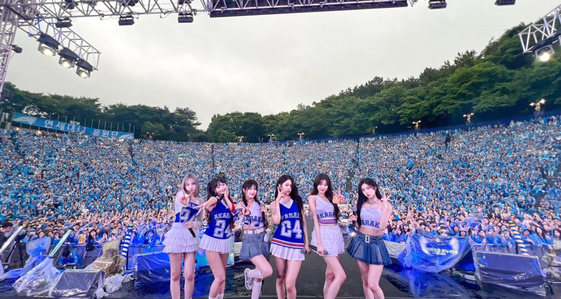 K-pop girl group IVE poses onstage during a university festival performance at Yonsei University in Seoul, May 26, 2024. Captured from IVE
