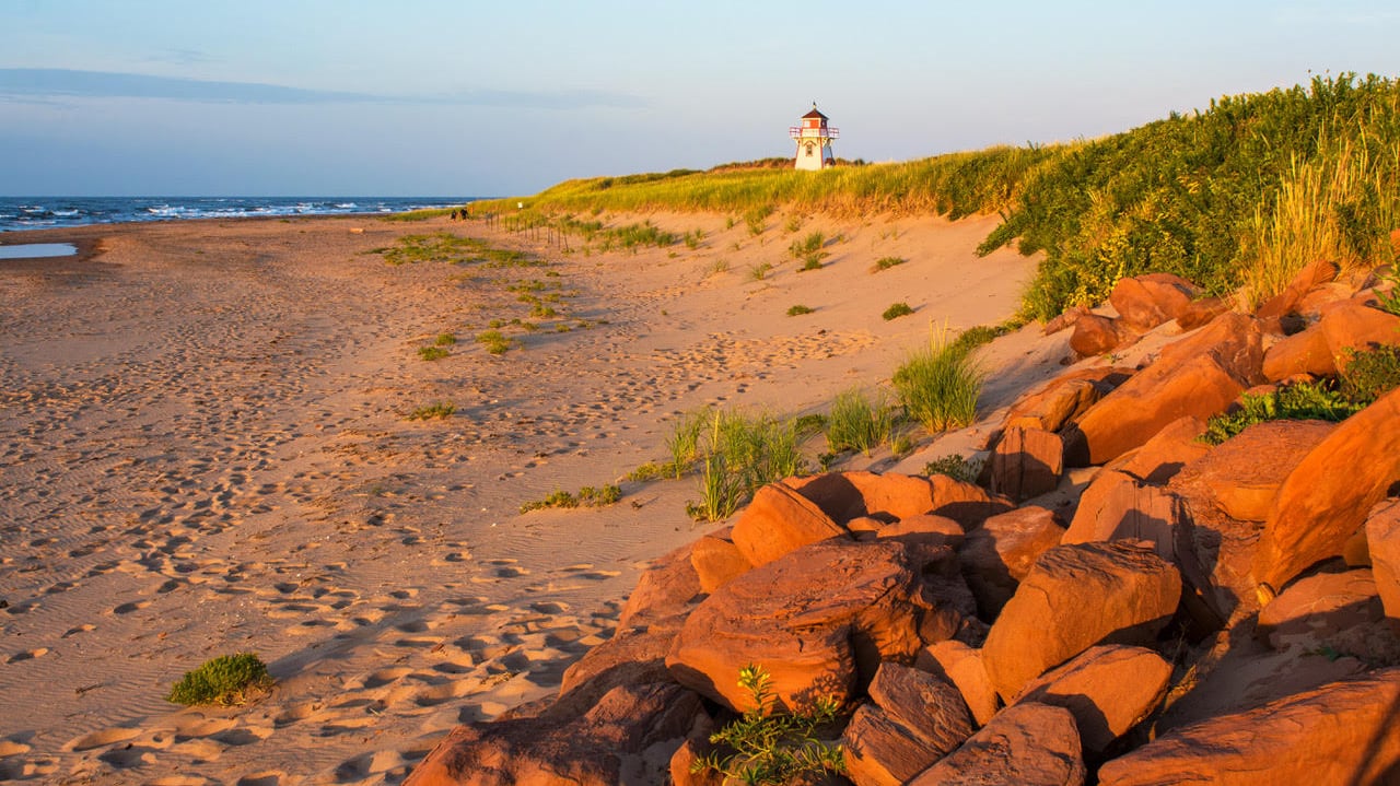 A beach at  sunset