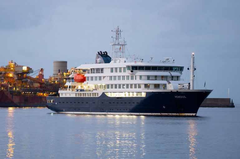 The Dutch flagged hantavirus-stricken cruise ship MV Hondius arrives to the industrial port of Granadilla de Abona on the island of Tenerife in Spain's Canary Islands