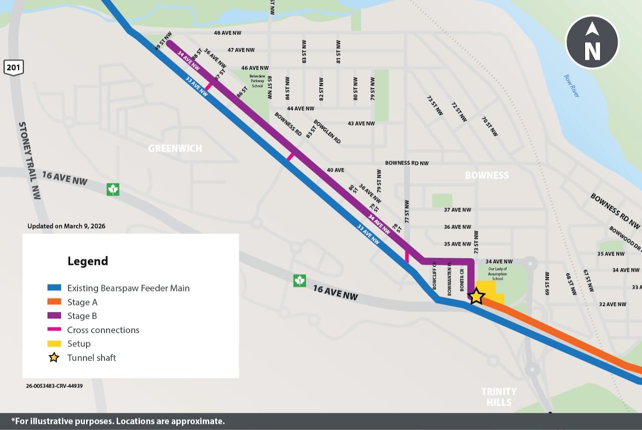 A map showing plans for the Bearspaw construction work, with the second stage of construction highlighted in purple.