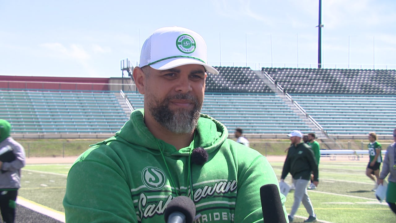 Saskatchewan head coach Corey Mace talking to the media.