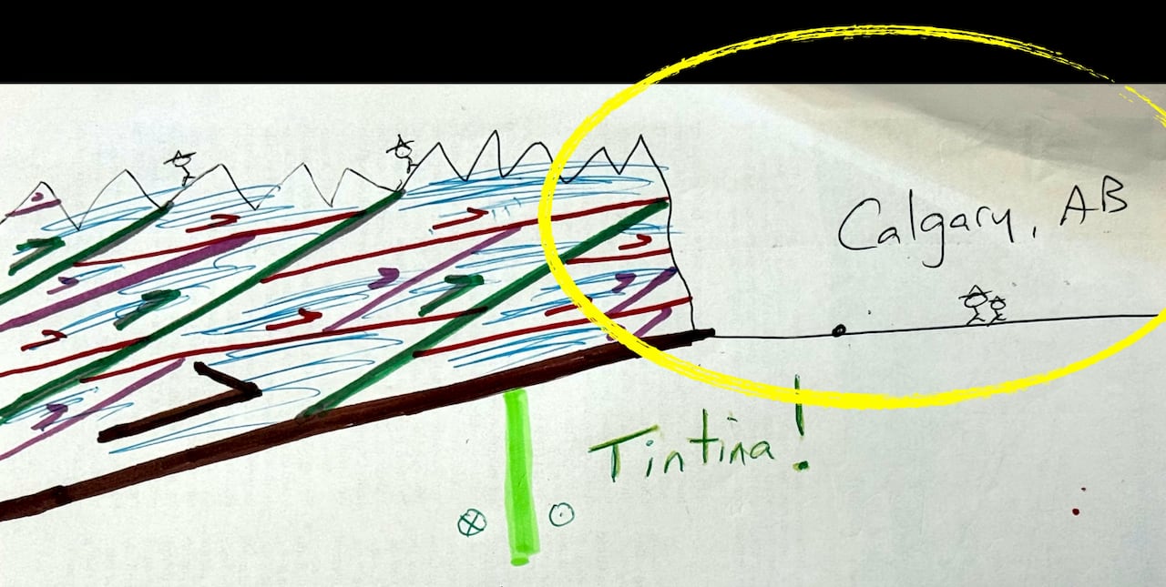 A drawing illustrating the Tintina fault's presence under the Canadian Rockies.
