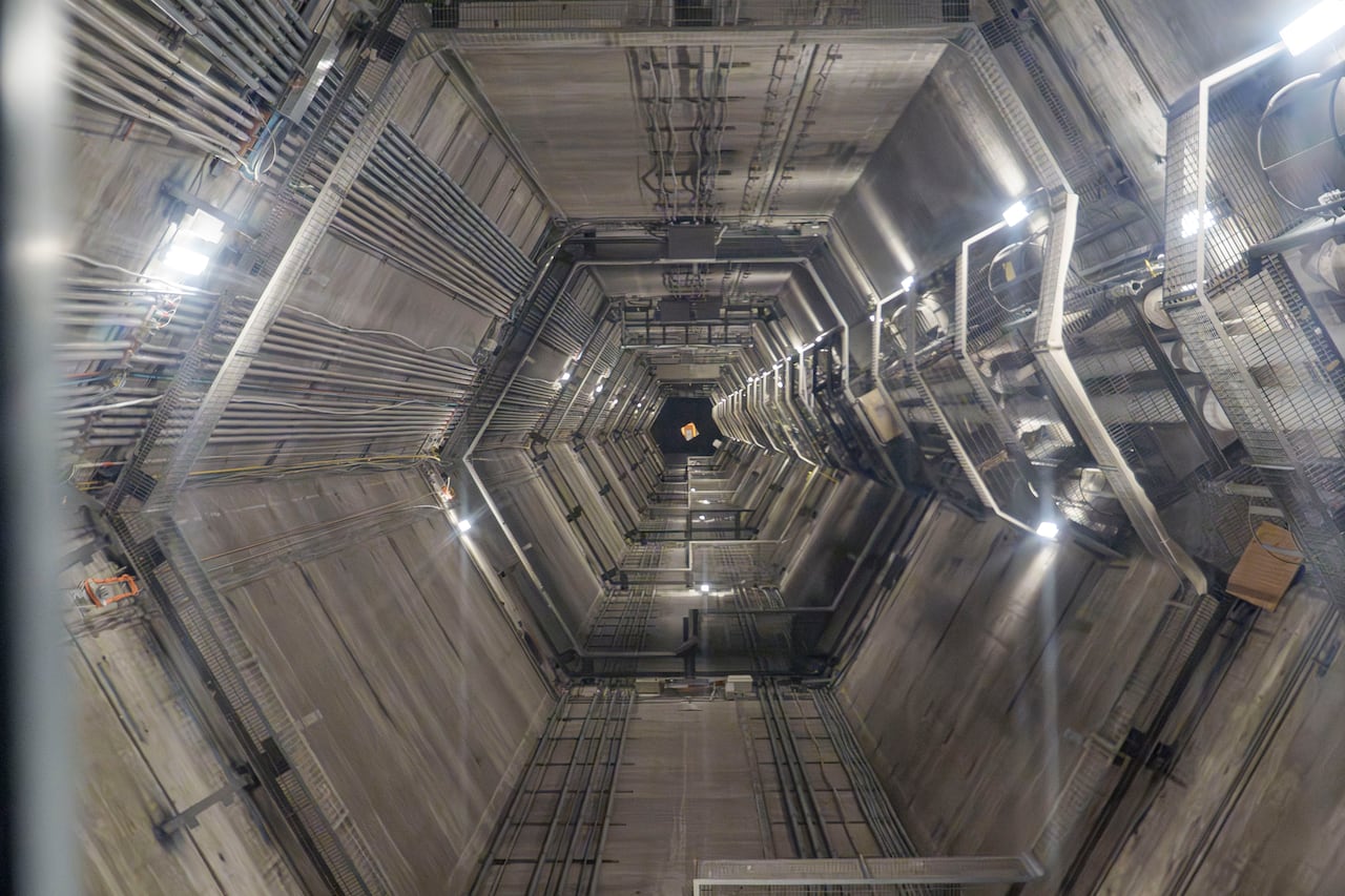 A hatch in the ceiling of a basement room of the CN Tower.