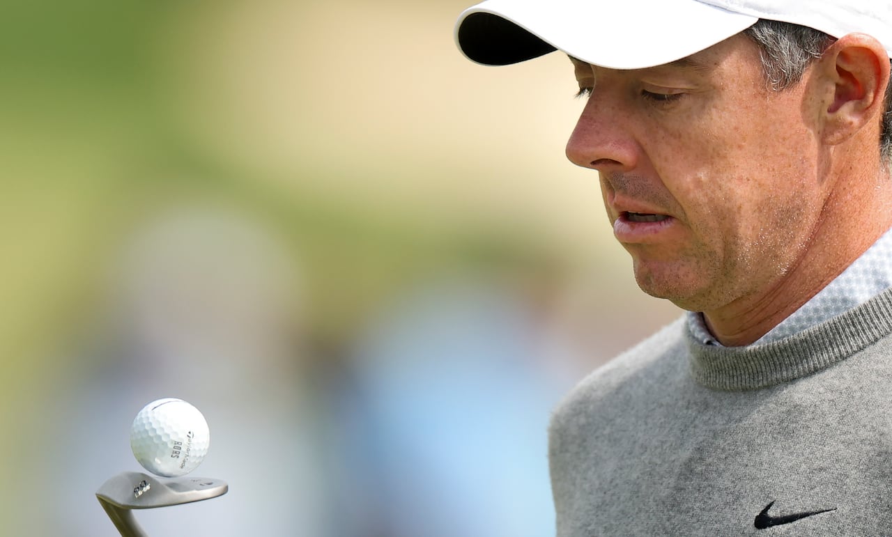 NEWTOWN, PENNSYLVANIA - MAY 13: Rory McIlroy of Northern Ireland looks on while playing the 11th hole during a practice round prior to the PGA Championship at Aronimink Golf Club on May 13, 2026 in Newtown, Pennsylvania. (Photo by Michael Reaves/Gett